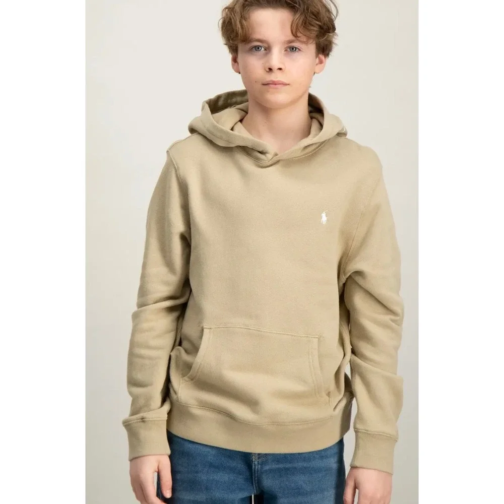 Polo Ralph Lauren Boys Khaki Tan Hoodie Logo Hood Pullover Size M 10-12